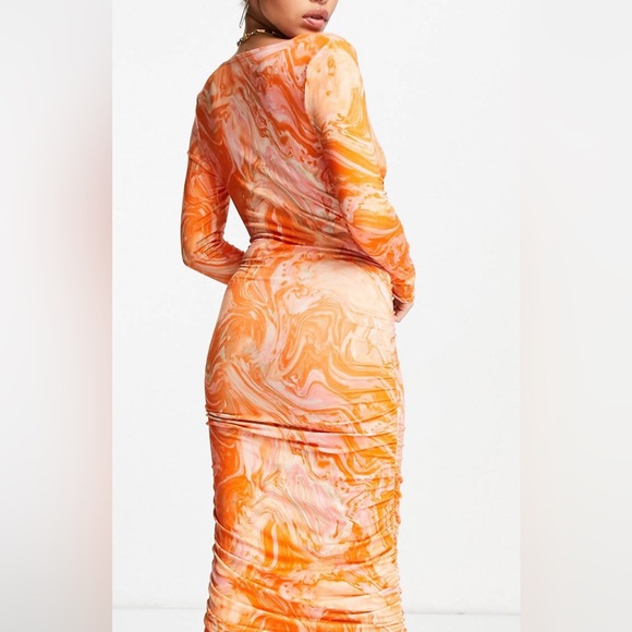 orange tie dye midi dress Orange Tie Dye Print Mesh Frill Cowl Back Maxi Dress